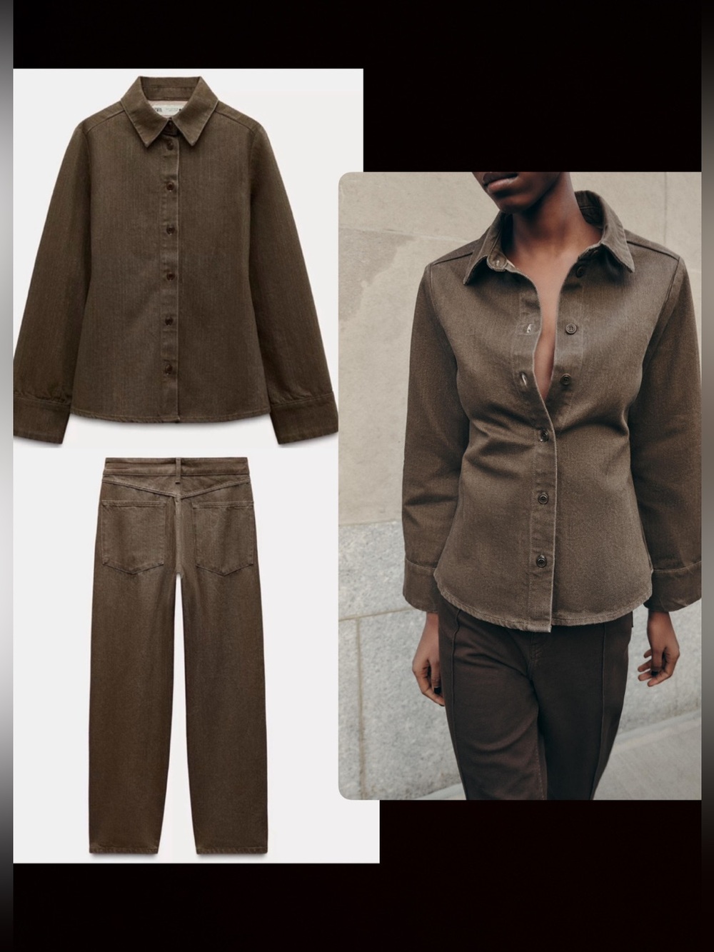 Zara NWT 2 piece matching SET brown Button-Up Shirt & barrel leg jeans